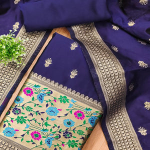 Navy Blue Floral Zari Woven Banarasi Silk Dress Material