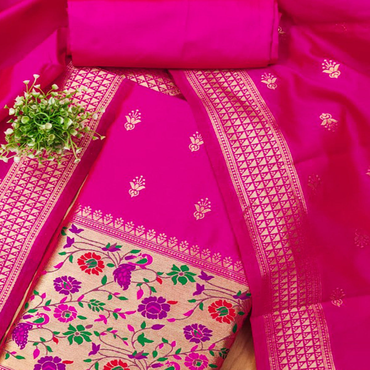 Rani Pink Floral Zari Woven Banarasi Silk Dress Material