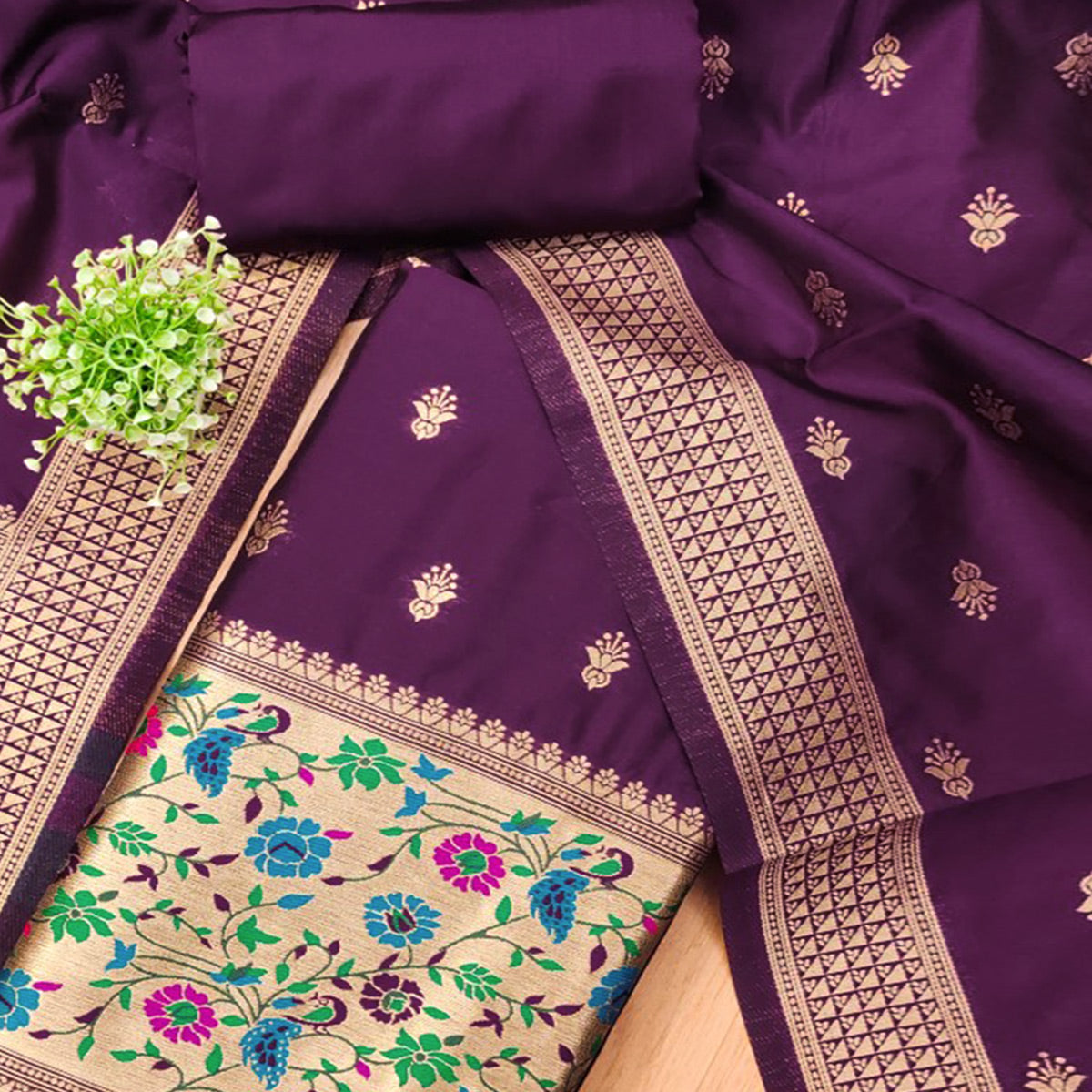 Wine Floral Zari Woven Banarasi Silk Dress Material