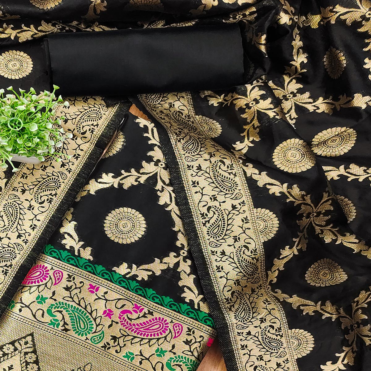 Black Zari Woven Banarasi Silk Dress Material With Elegant Floral Motifs