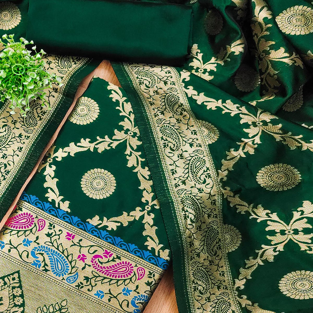 Bottle Green Zari Woven Banarasi Silk Dress Material With Elegant Floral Motifs