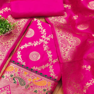Pink Zari Woven Banarasi Silk Dress Material With Elegant Floral Motifs