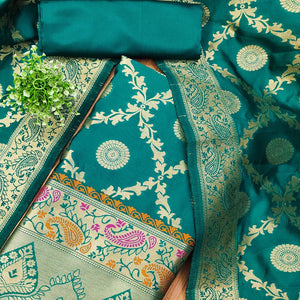 Rama Green Zari Woven Banarasi Silk Dress Material With Elegant Floral Motifs