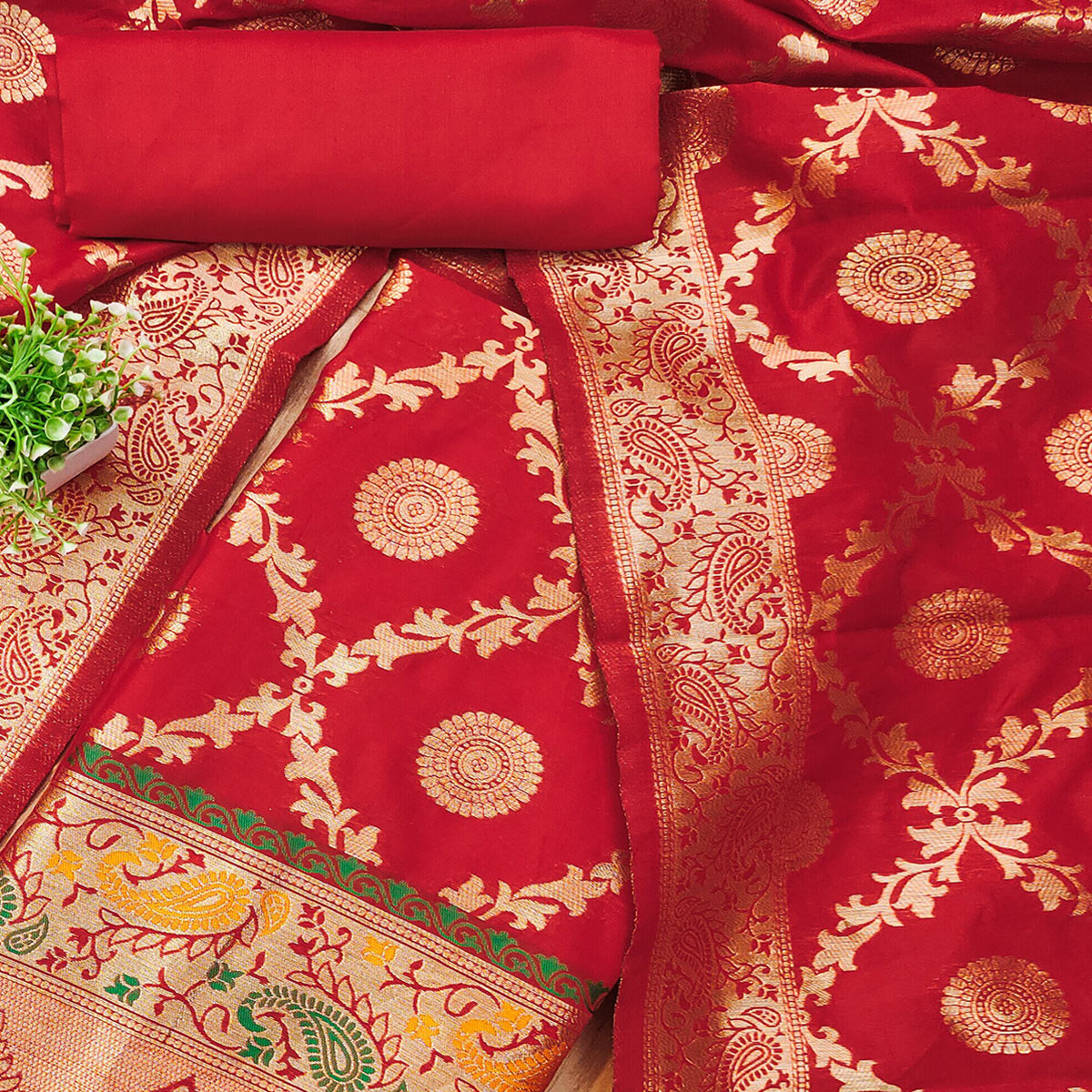 Red Zari Woven Banarasi Silk Dress Material With Elegant Floral Motifs