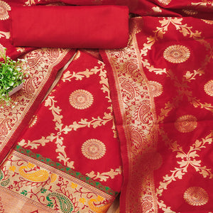 Red Zari Woven Banarasi Silk Dress Material With Elegant Floral Motifs