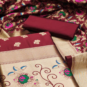 Maroon Floral Woven Banarasi Silk Dress Material