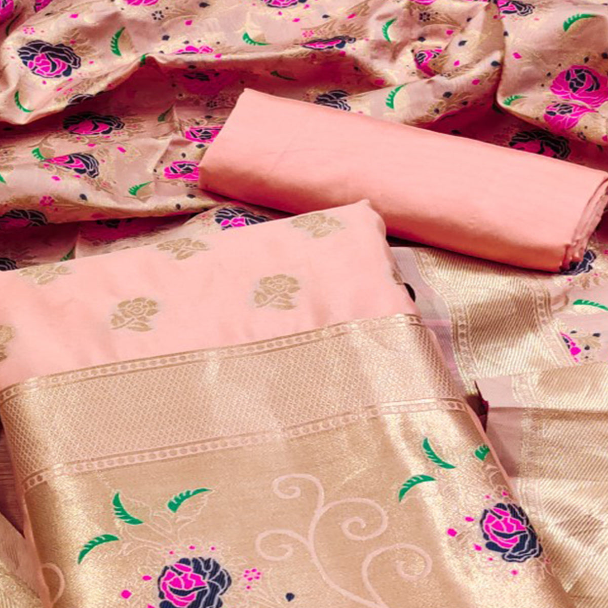 Peach Floral Woven Banarasi Silk Dress Material