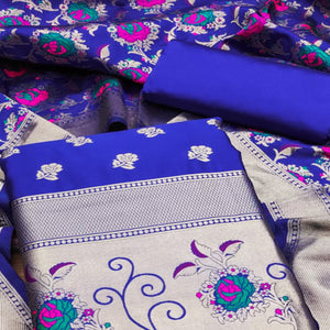 Royal Blue Floral Woven Banarasi Silk Dress Material
