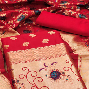 Red Floral Woven Banarasi Silk Dress Material