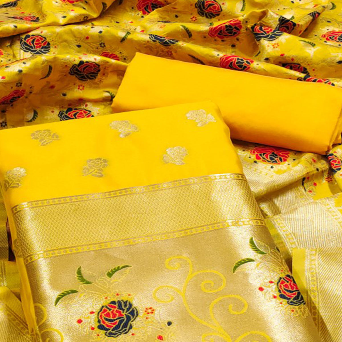 Yellow Floral Woven Banarasi Silk Dress Material