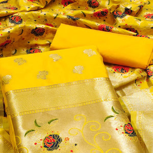 Yellow Floral Woven Banarasi Silk Dress Material