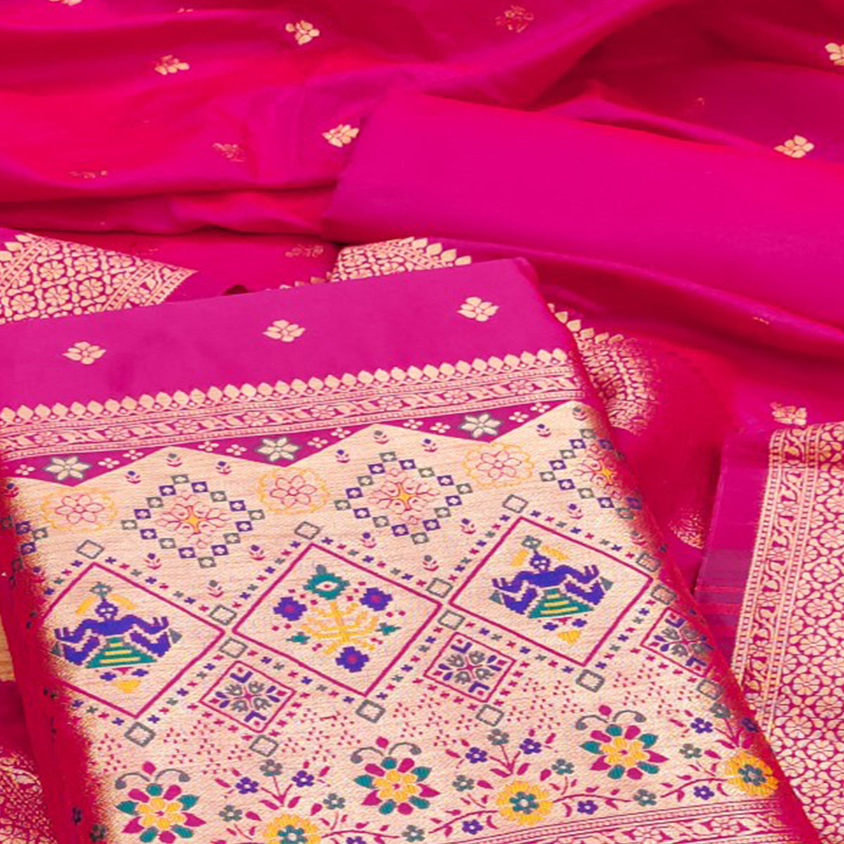 Pink Zari Weaving Soft Banarasi Silk Dress Material
