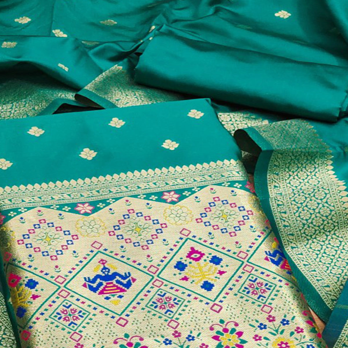 Teal Zari Weaving Soft Banarasi Silk Dress Material