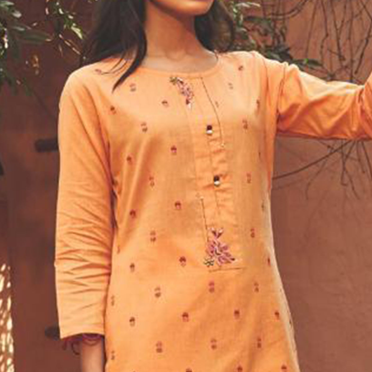 Orange Embroidered Pure Cotton Kurti Pant Set