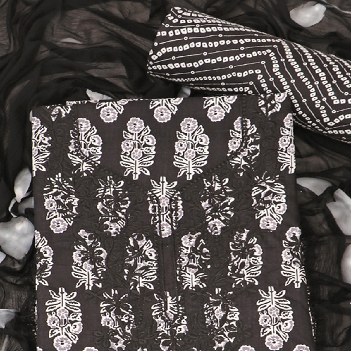 Black Printed With Embroidery Pure Cotton Dress Material