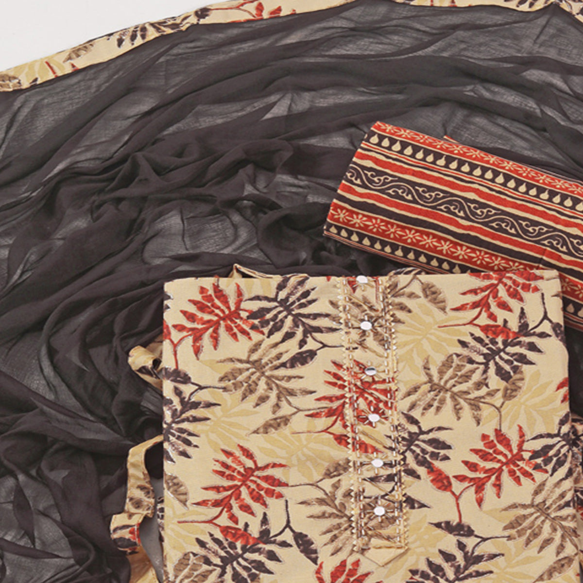 Chikoo & Brown Foil Printed With Handwork Pure Pure Cotton Dress Material