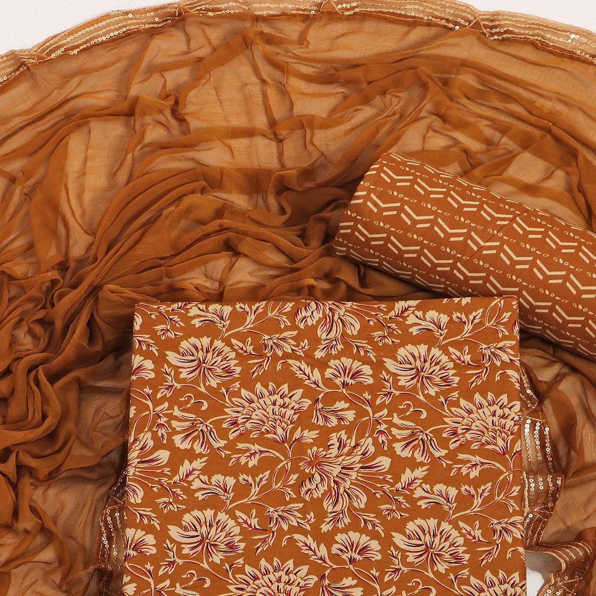 Mustard Floral Foil Printed Cotton Blend Dress Material