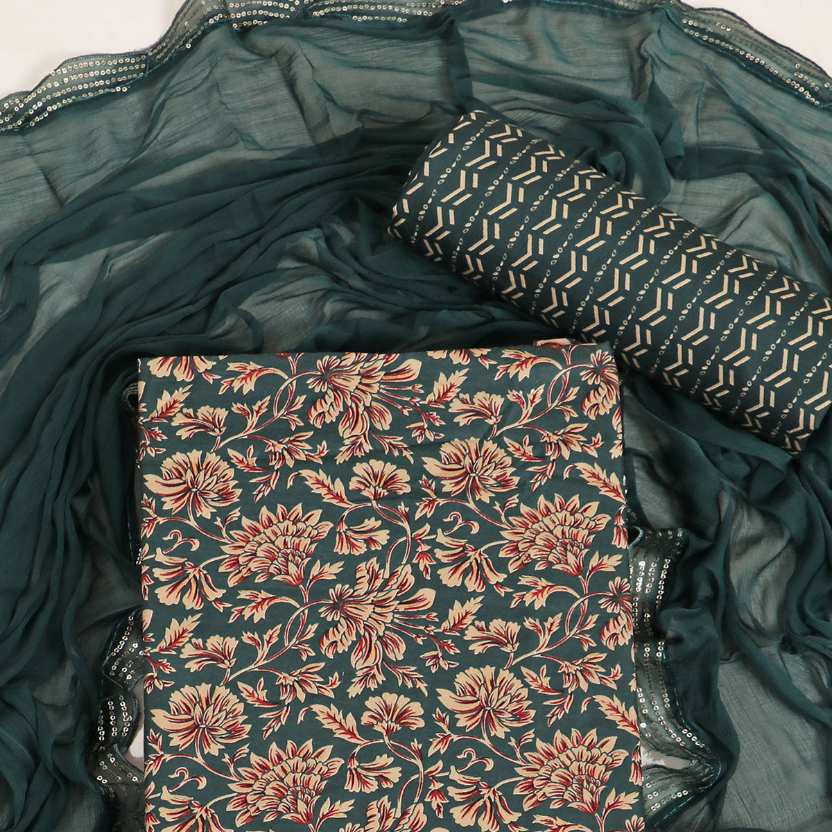 Teal Floral Foil Printed Cotton Blend Dress Material