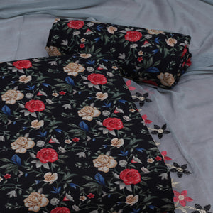 Black Floral Printed With Embroidery Cotton Silk Dress Material