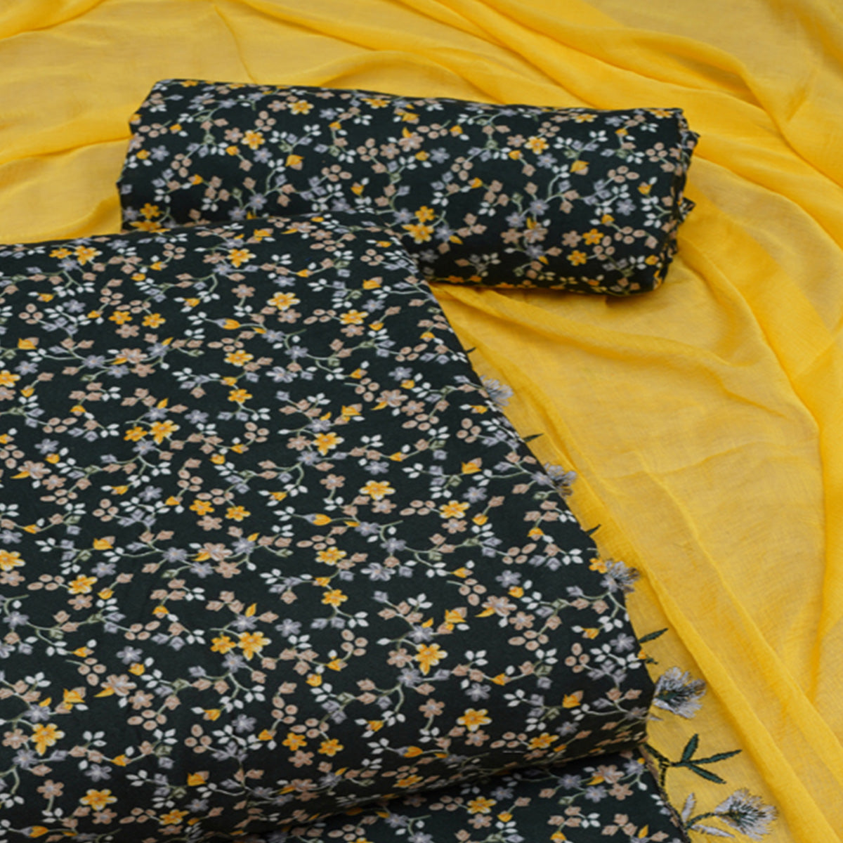 Bottle Green Floral Printed With Embroidery Cotton Silk Dress Material