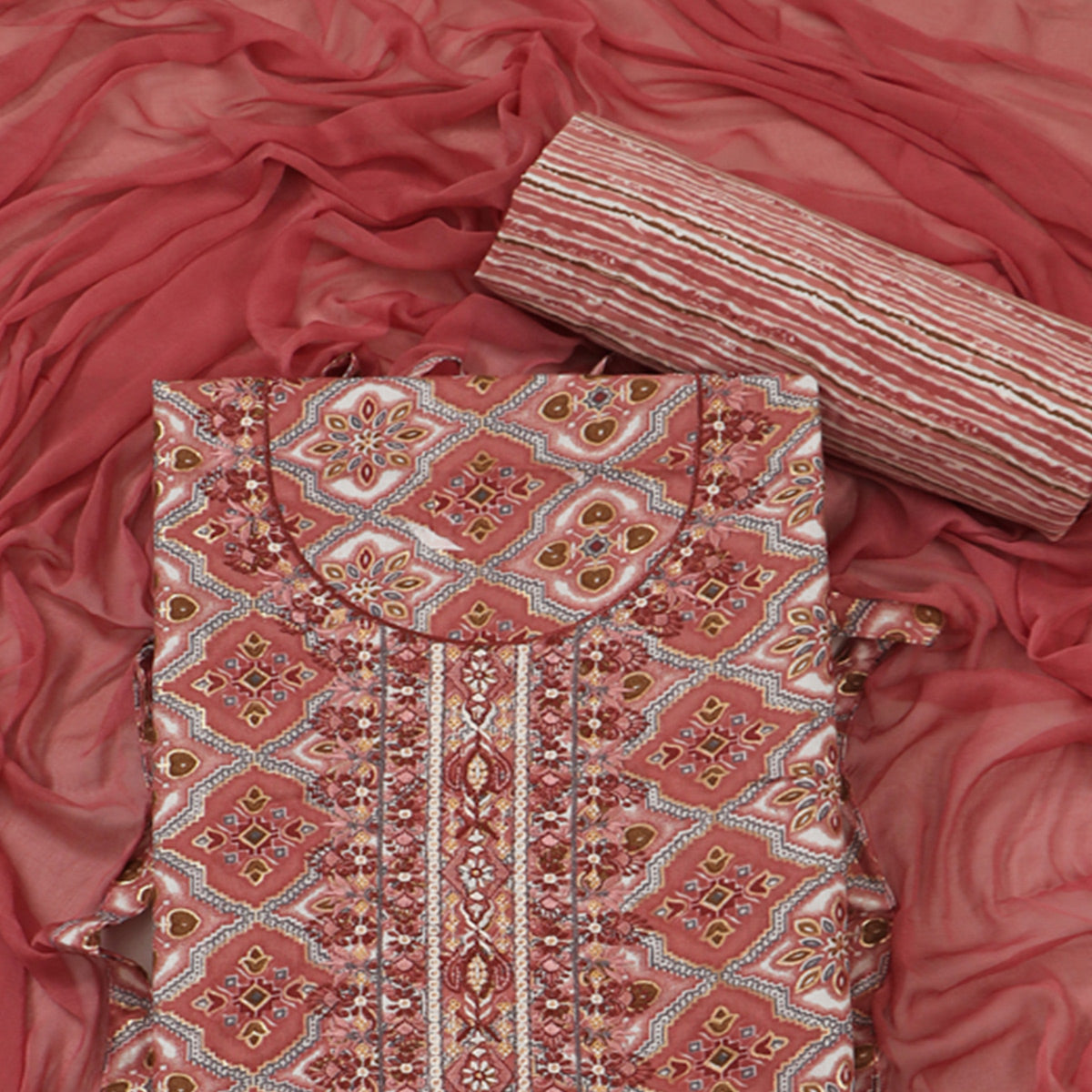 Peach Foil Print With Embroidered Pure Cotton Dress Material
