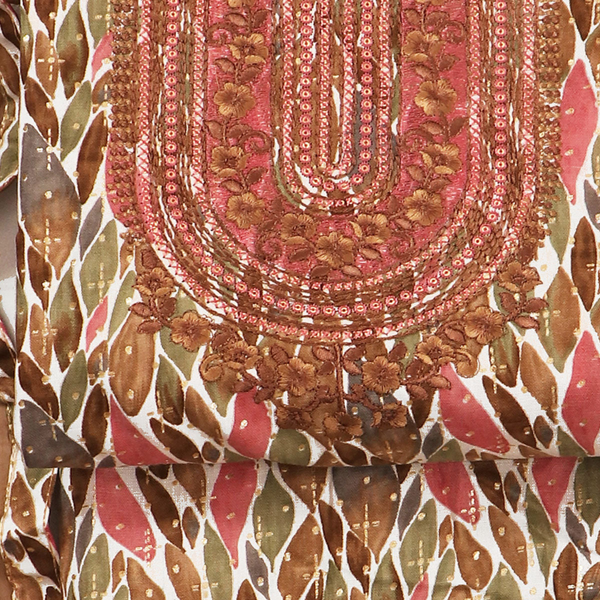 Brown Foil Printed With Embroidery Pure Cotton Dress Material