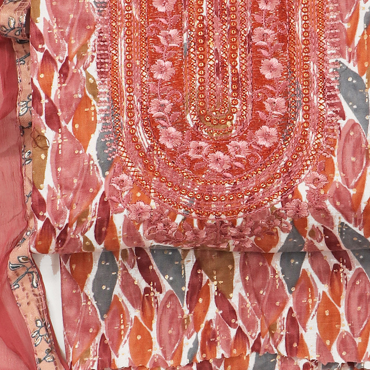 Peach Foil Printed With Embroidery Pure Cotton Dress Material