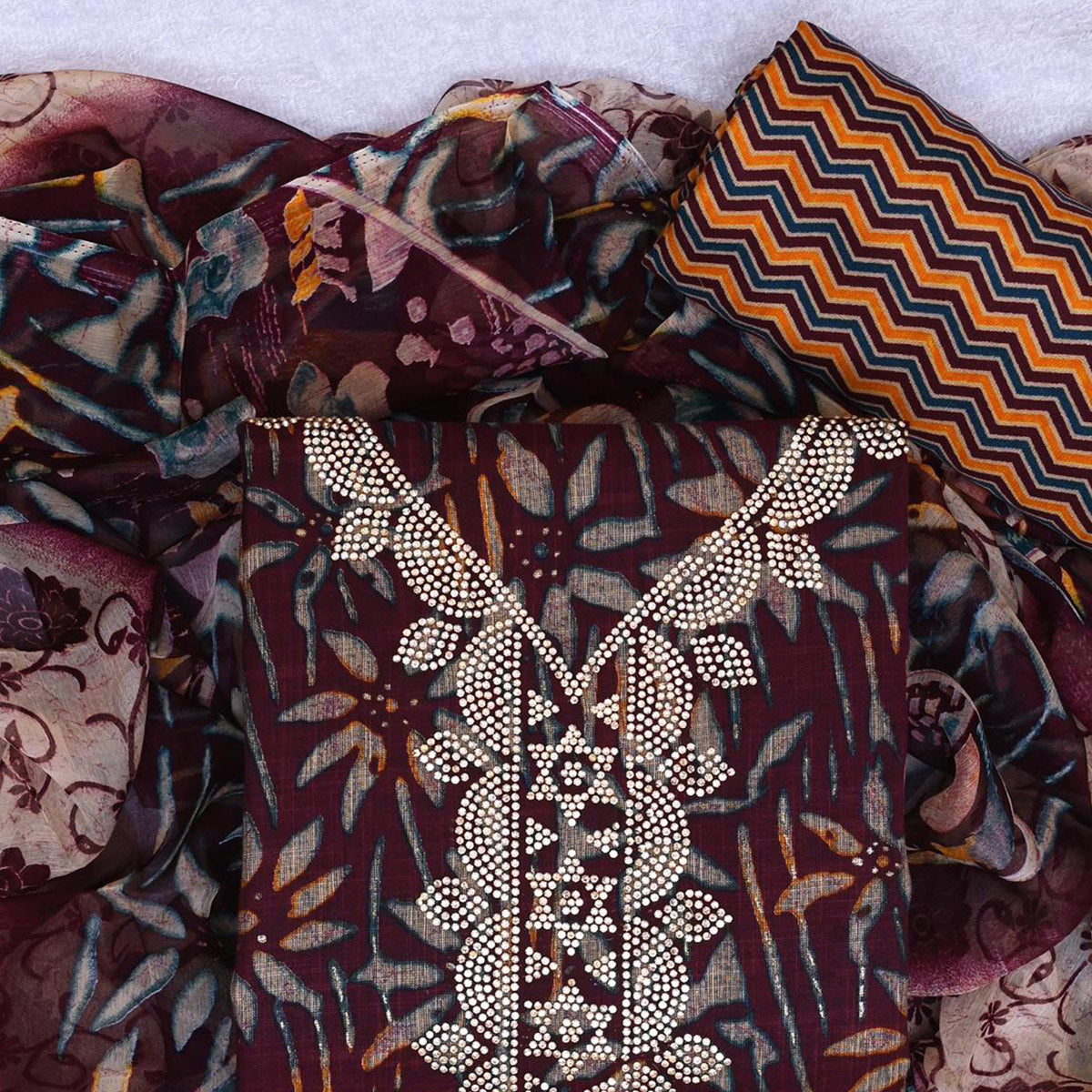 Maroon Floral Printed Pure Cotton Dress Material