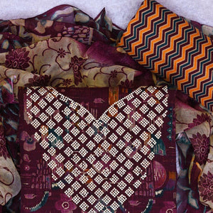 Wine Floral Printed With Stone Work Yoke Pure Cotton Dress Material