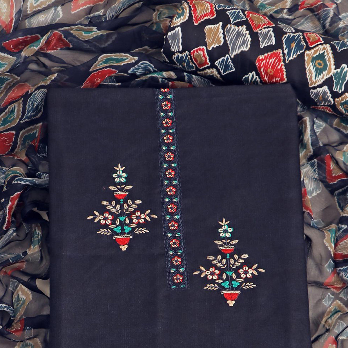 Navy Blue Floral Sequins Embroidered Pure Cotton Dress Material