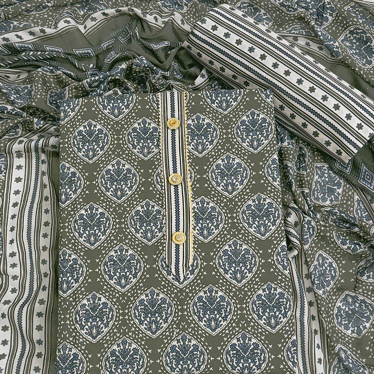 Sage Green Lightweight Pure Cotton Dress Fabric Featuring Delicate Floral Prints