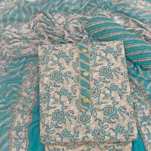 Charming Blue Floral Printed Cotton Blend Dress Material Featuring Intricate Lace Border