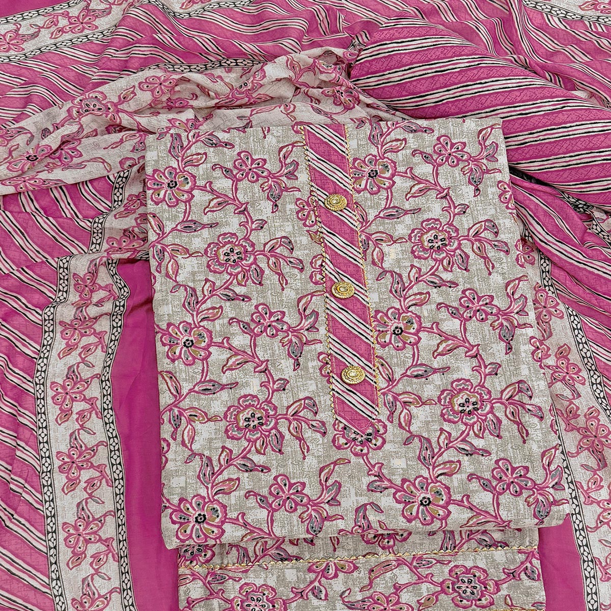 Charming Magenta Floral Printed Cotton Blend Dress Material Featuring Intricate Lace Border