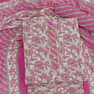 Charming Magenta Floral Printed Cotton Blend Dress Material Featuring Intricate Lace Border