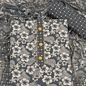 Graceful Grey Floral Printed Cotton Blend Dress Material With Lace Border