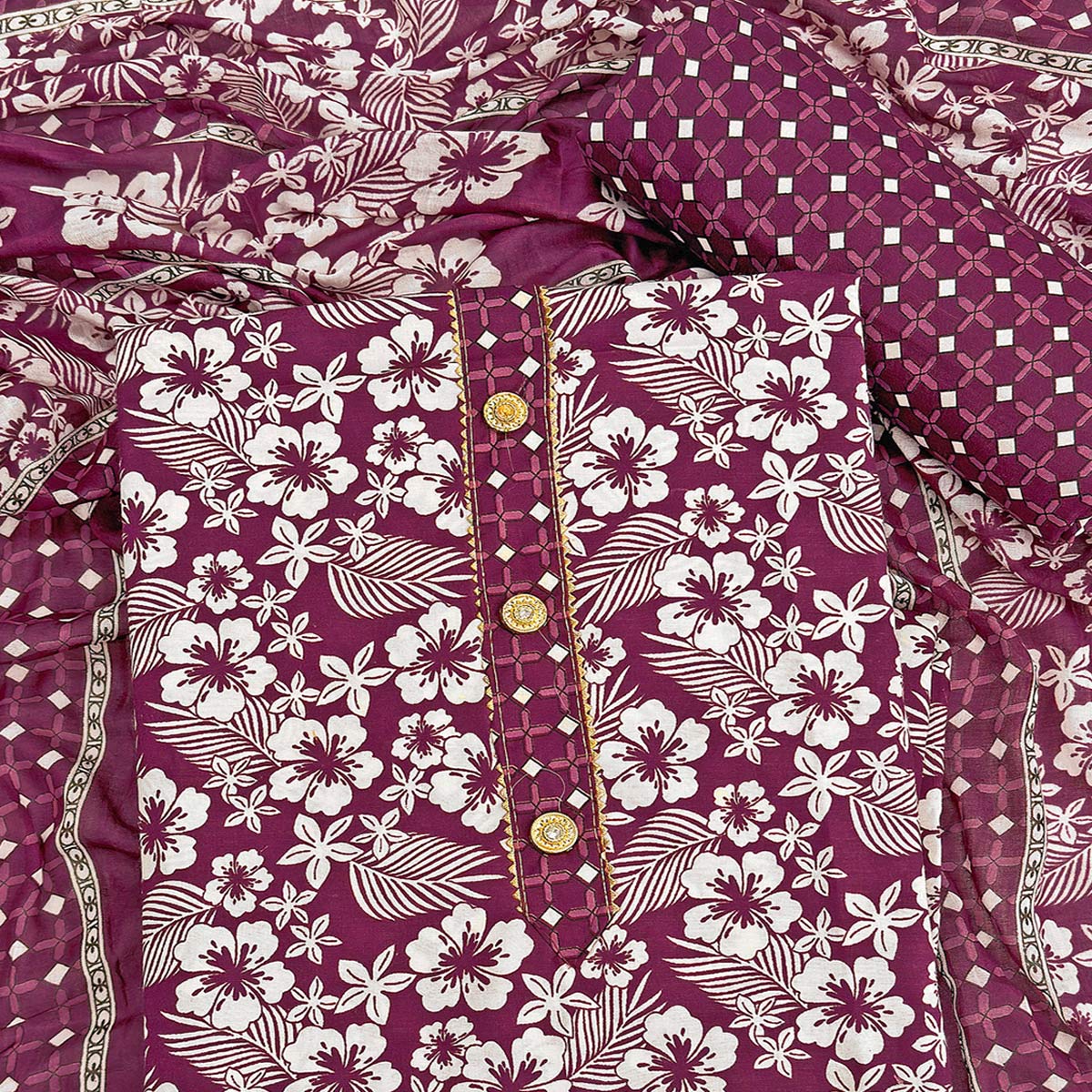 Graceful Wine Floral Printed Cotton Blend Dress Material With Lace Border