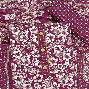 Graceful Wine Floral Printed Cotton Blend Dress Material With Lace Border