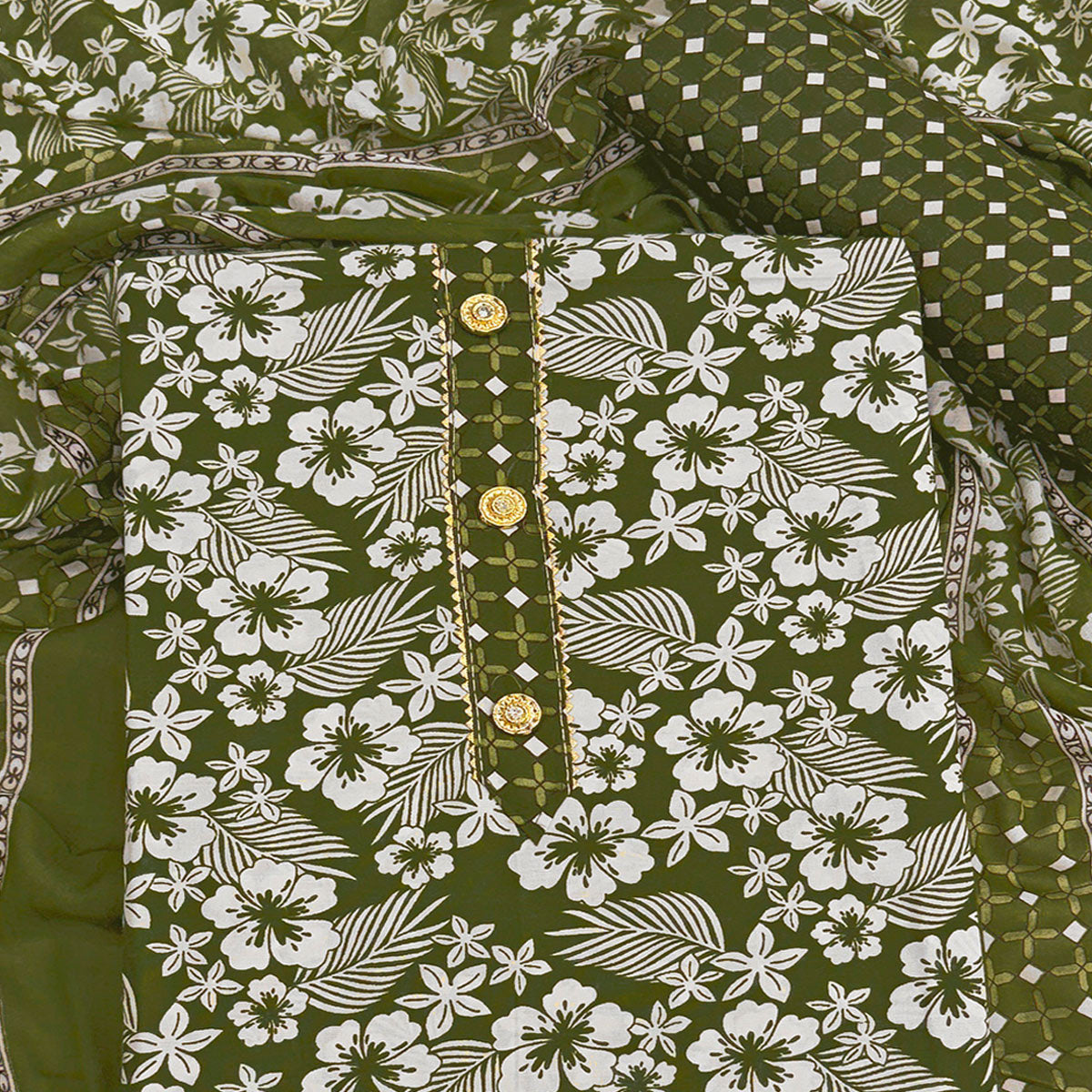 Graceful Green Floral Printed Cotton Blend Dress Material With Lace Border