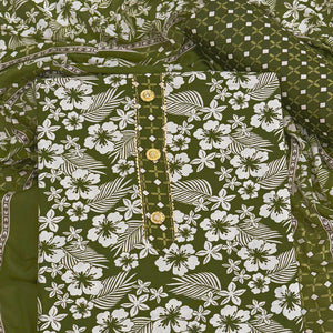 Graceful Green Floral Printed Cotton Blend Dress Material With Lace Border