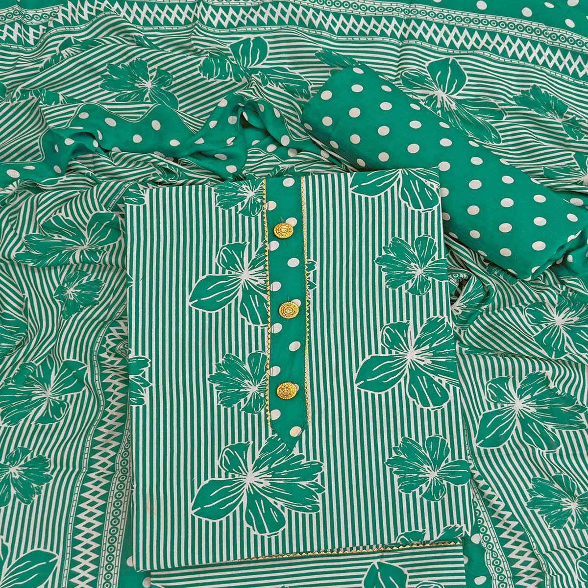 Rama Green Floral & Striped Printed Cotton Blend Dress Material With Elegant Lace Border