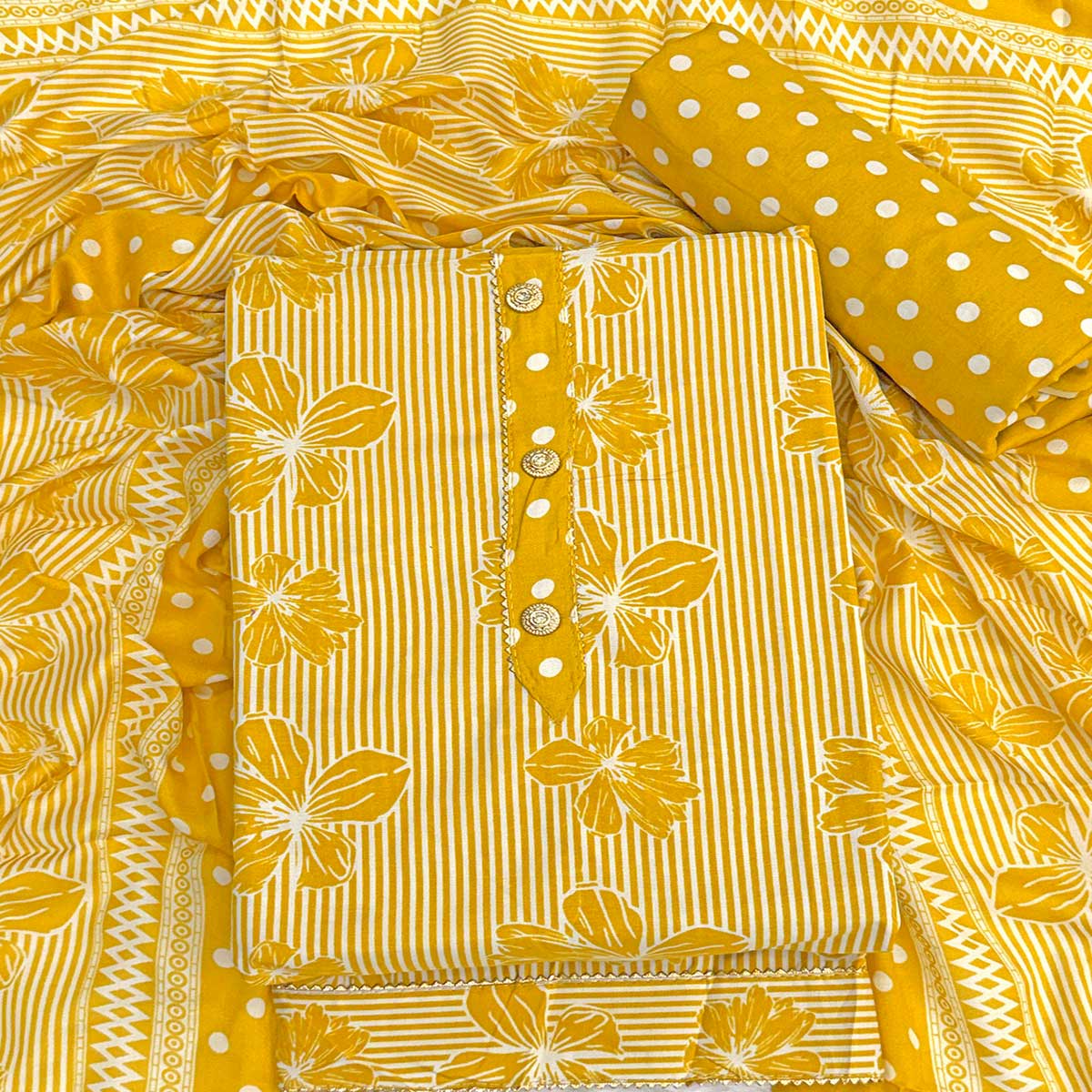 Mustard Floral & Striped Printed Cotton Blend Dress Material With Elegant Lace Border