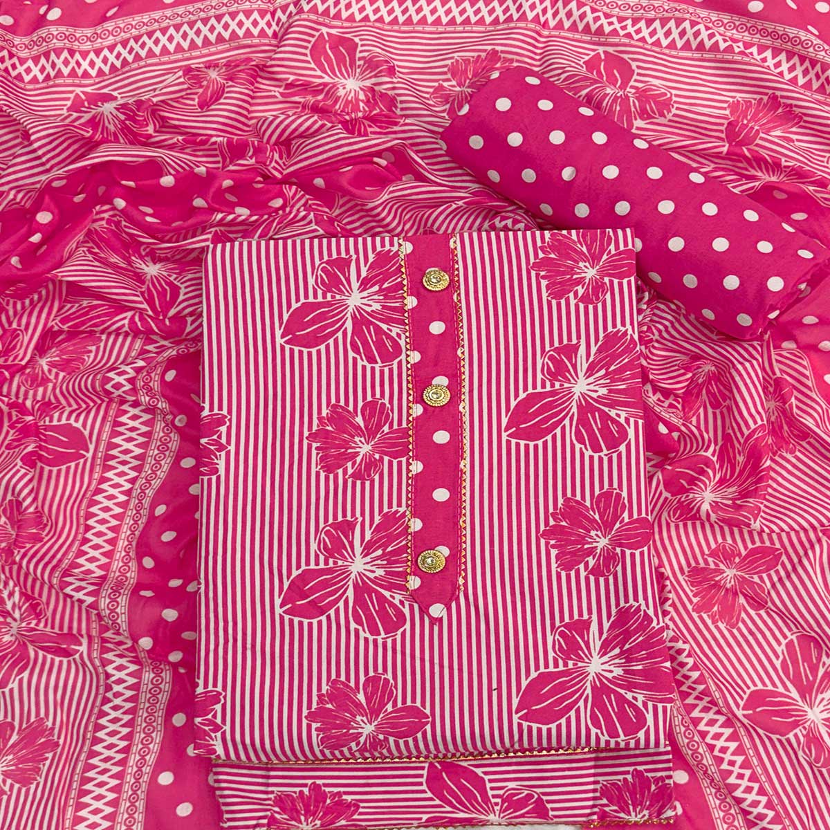 Rani Pink Floral & Striped Printed Cotton Blend Dress Material With Elegant Lace Border