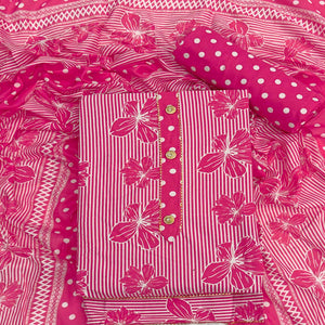 Rani Pink Floral & Striped Printed Cotton Blend Dress Material With Elegant Lace Border