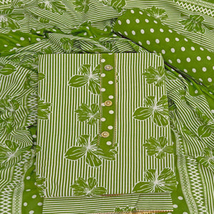 Green Floral & Striped Printed Cotton Blend Dress Material With Elegant Lace Border