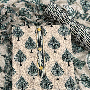 Vibrant Teal Green Leaf Printed Cotton Blend Dress Material Refined With Lace Border