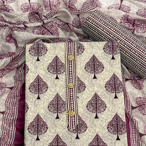 Vibrant Wine Leaf Printed Cotton Blend Dress Material Refined With Lace Border