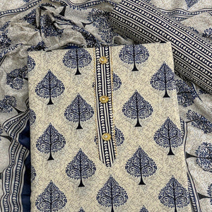 Vibrant Blue Leaf Printed Cotton Blend Dress Material Refined With Lace Border