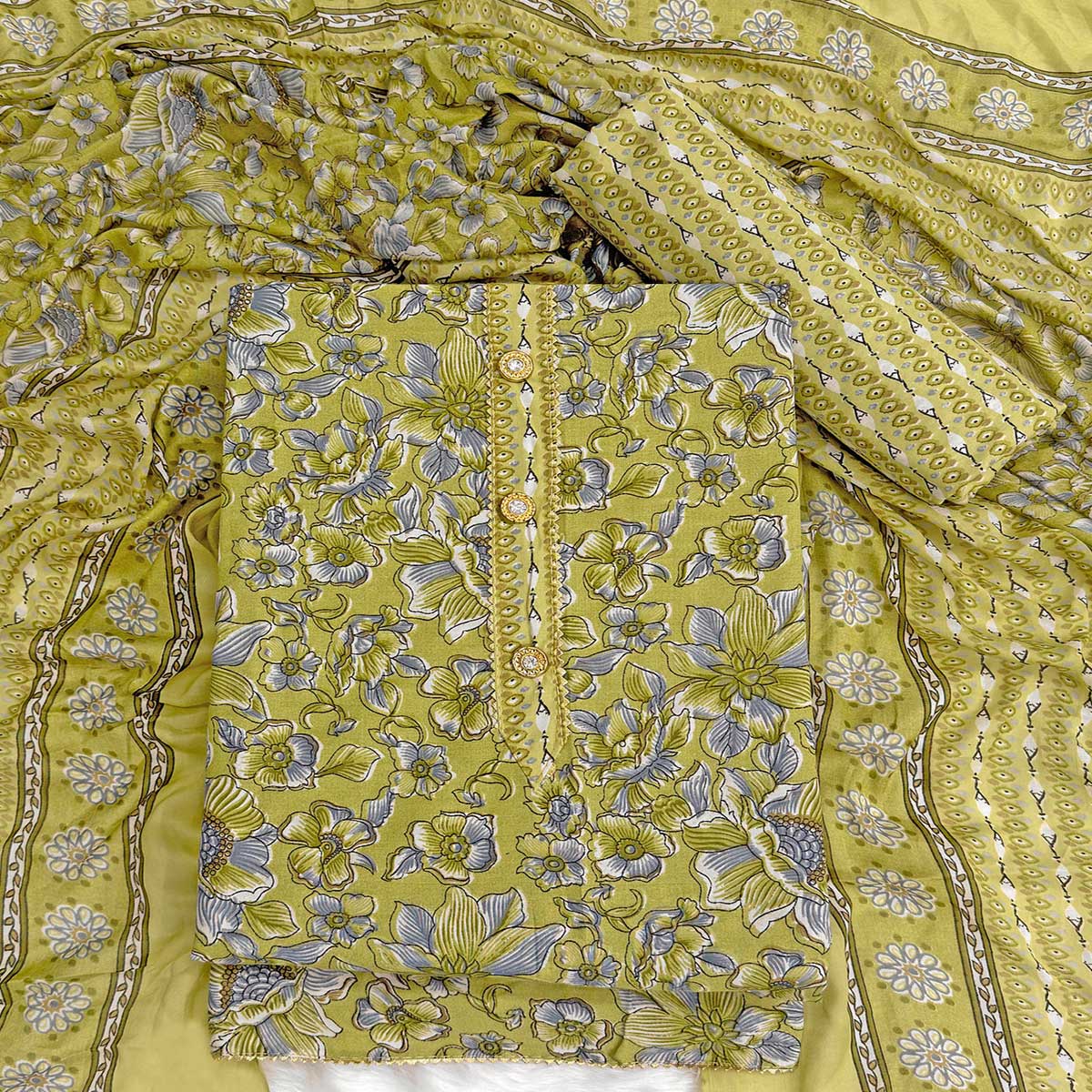 Elegant Olive Green Floral Printed Cotton Blend Dress Material Adorned With Intricate Lace Border