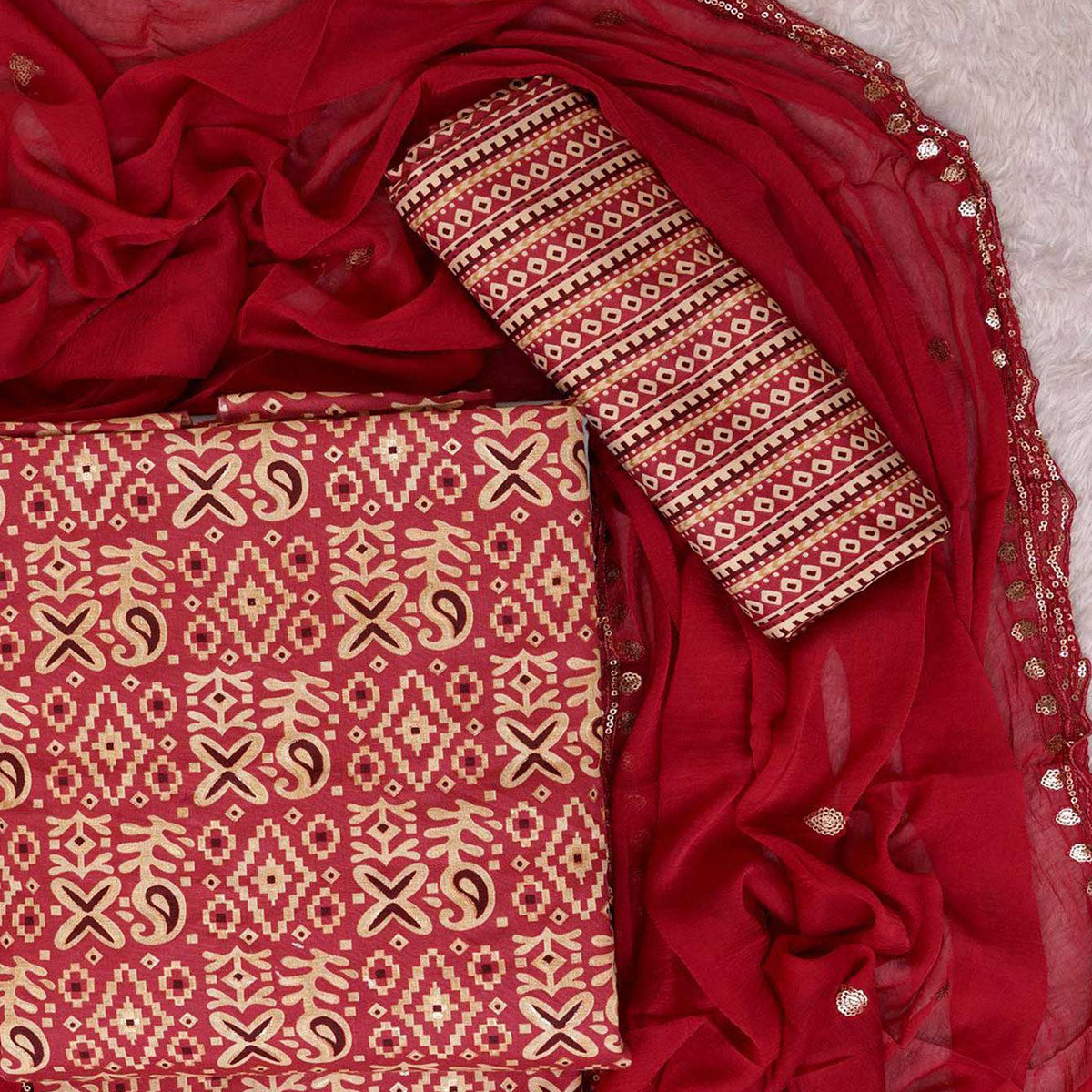 Maroon Foil Printed Cotton Blend Dress Material