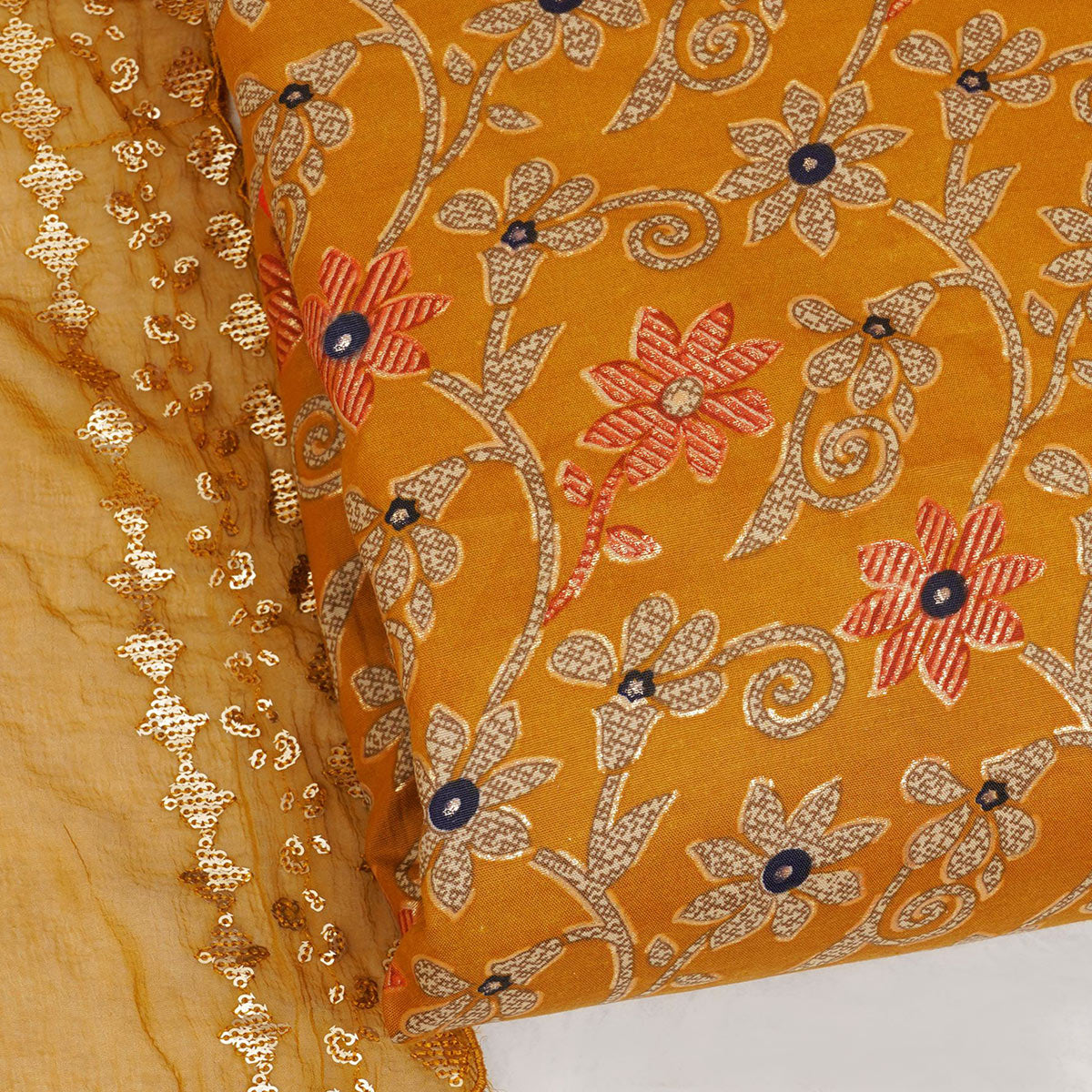 Mustard Floral Printed Pure Cotton Dress Material